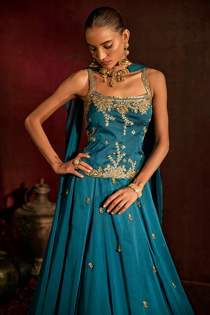 Teal Georgette Zardosi & Sequin Embroidered Wedding Lehenga Set by Prevasu at Pernia's Pop Up Shop