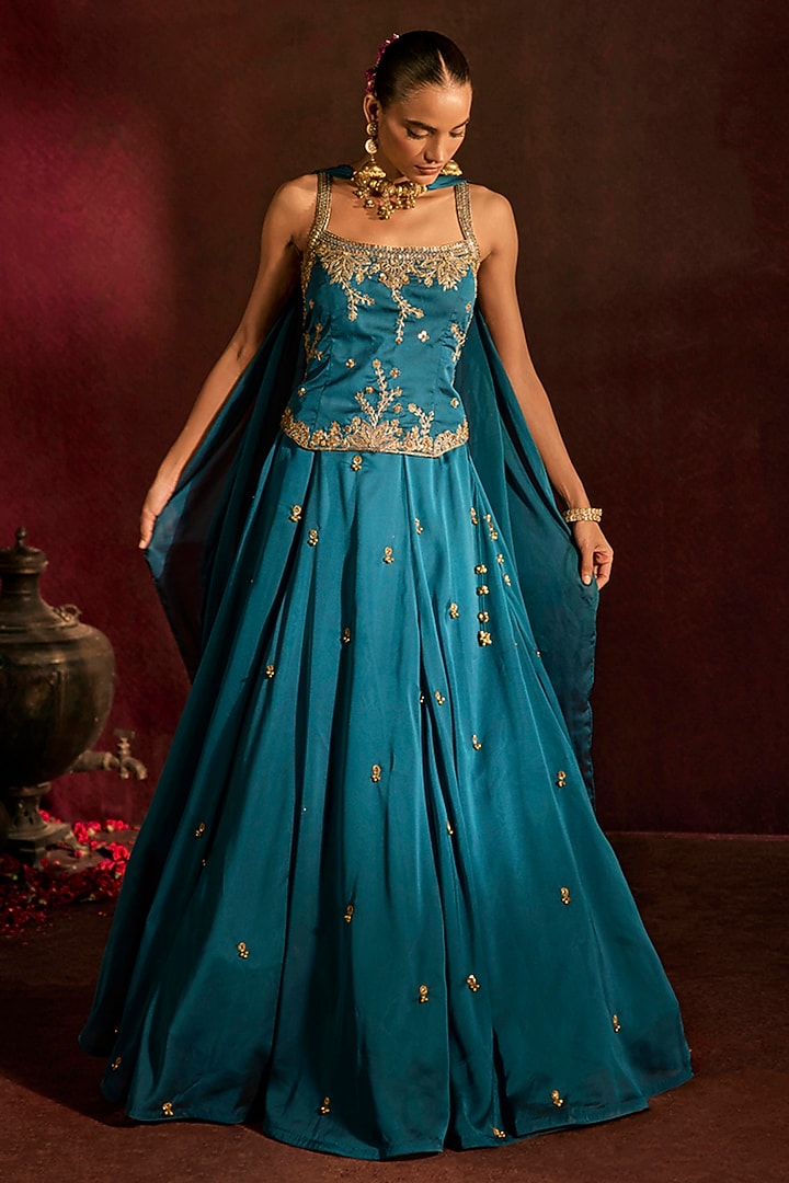 Teal Georgette Zardosi & Sequin Embroidered Wedding Lehenga Set by Prevasu at Pernia's Pop Up Shop