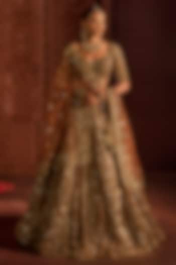 Mocha Brown Net Zardosi & Sequin Embroidered Bridal Lehenga Set by Prevasu at Pernia's Pop Up Shop