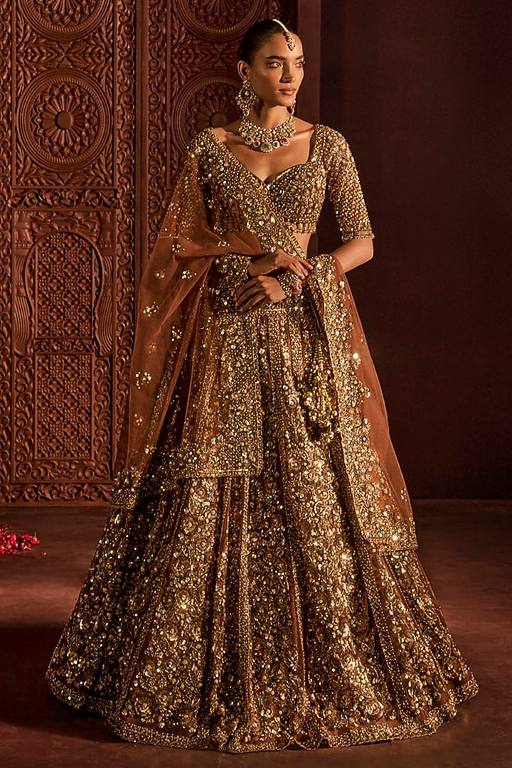 Mocha Brown Net Zardosi & Sequin Embroidered Bridal Lehenga Set by Prevasu at Pernia's Pop Up Shop