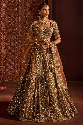 Mocha Brown Net Zardosi & Sequin Embroidered Lehenga Set by Prevasu