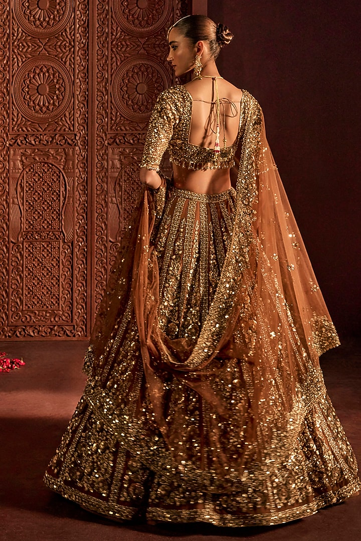 Mocha Brown Net Zardosi & Sequin Embroidered Bridal Lehenga Set by Prevasu at Pernia's Pop Up Shop