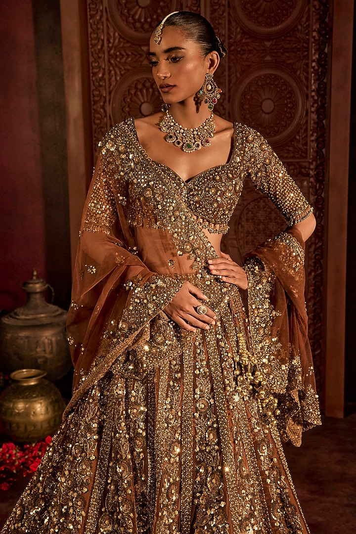 Mocha Brown Net Zardosi & Sequin Embroidered Bridal Lehenga Set by Prevasu at Pernia's Pop Up Shop