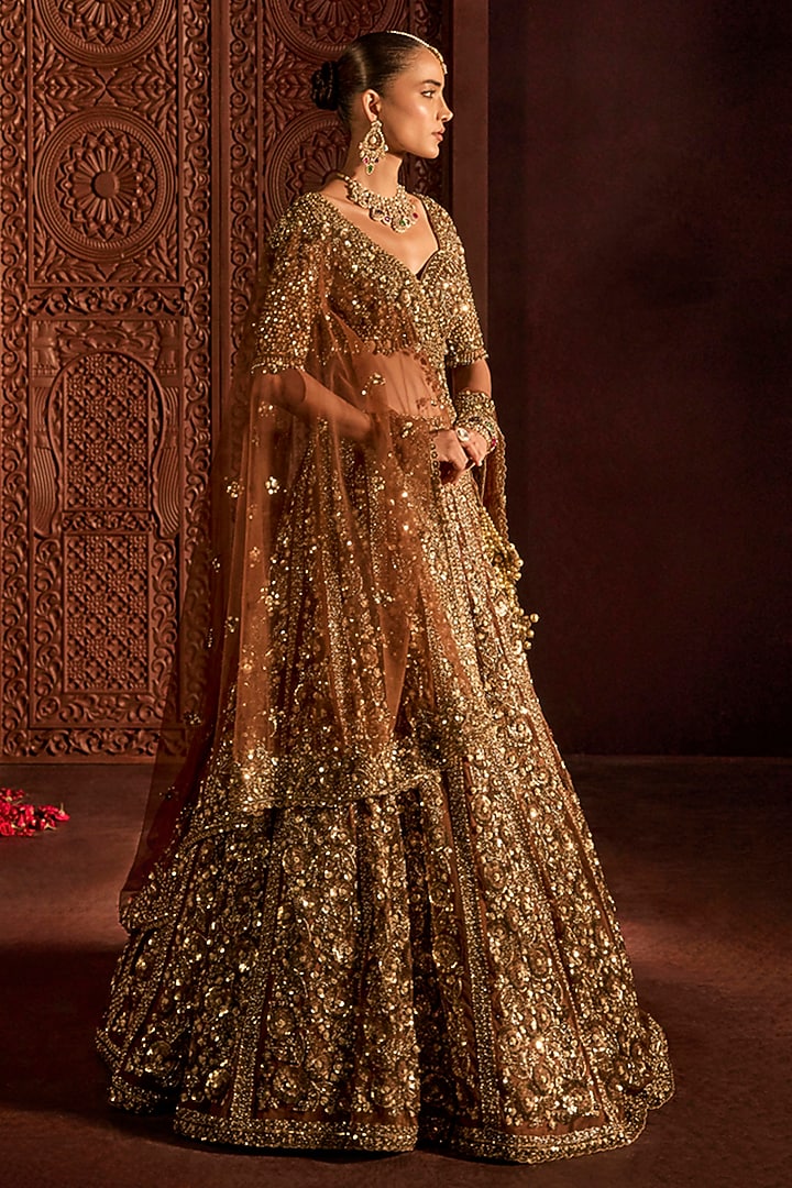 Mocha Brown Net Zardosi & Sequin Embroidered Bridal Lehenga Set by Prevasu at Pernia's Pop Up Shop