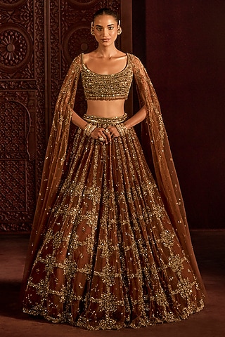 Mocha Brown Net Embroidered Lehenga Set by Prevasu