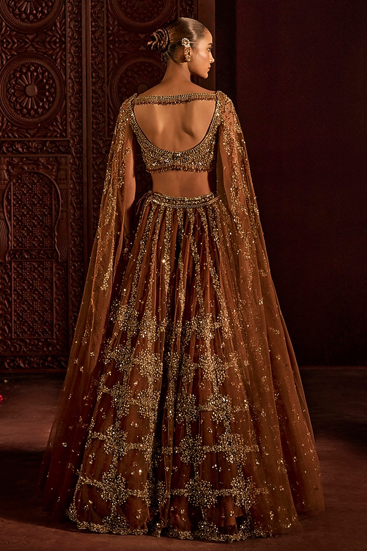 Mocha Brown Net Embroidered Bridal Lehenga Set by Prevasu at Pernia's Pop Up Shop