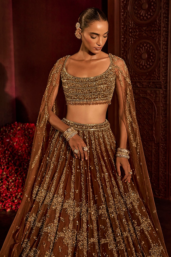 Mocha Brown Net Embroidered Bridal Lehenga Set by Prevasu at Pernia's Pop Up Shop