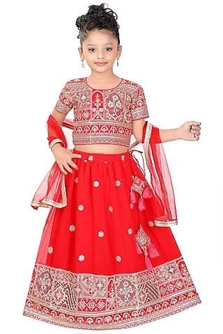 Red Poly Georgette Embroidered Lehenga Set For Girls by Pragya exclusive