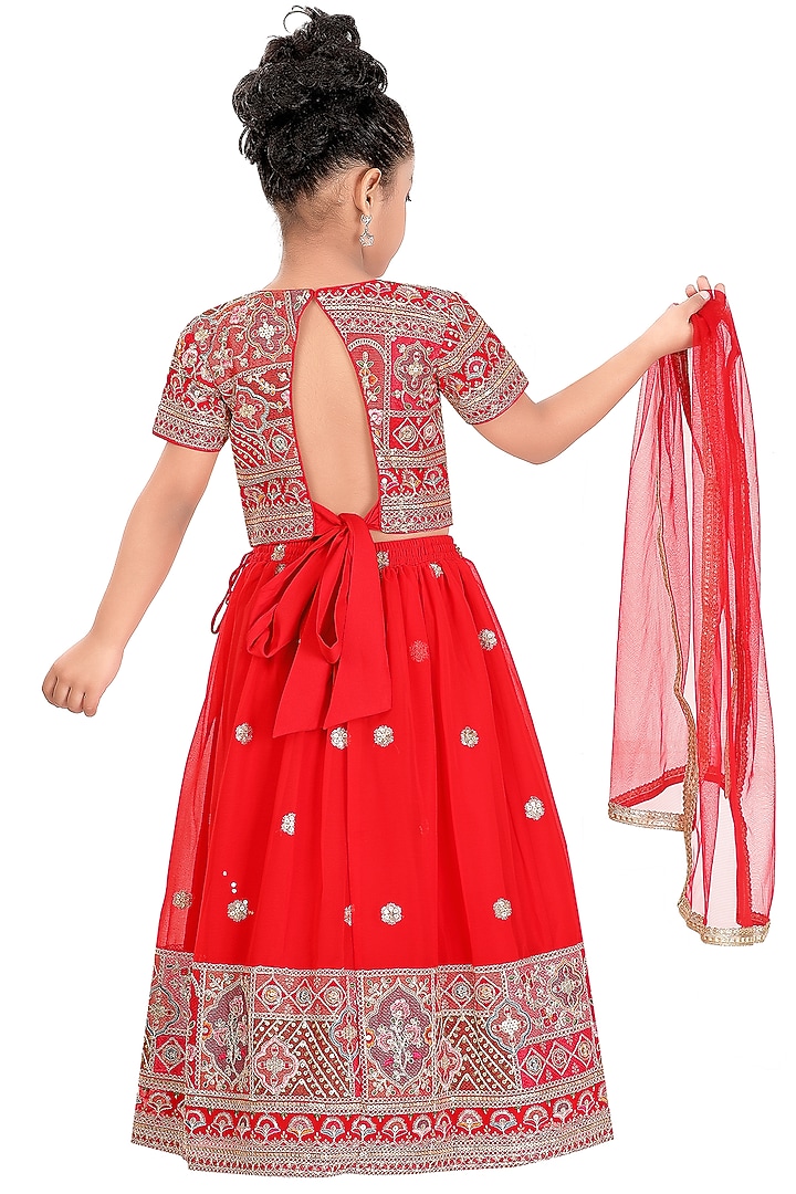 Red Poly Georgette Embroidered Lehenga Set For Girls by Pragya exclusive at Pernia's Pop Up Shop