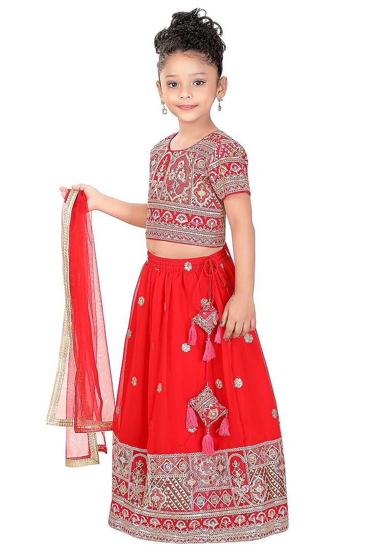 Red Poly Georgette Embroidered Lehenga Set For Girls by Pragya exclusive at Pernia's Pop Up Shop