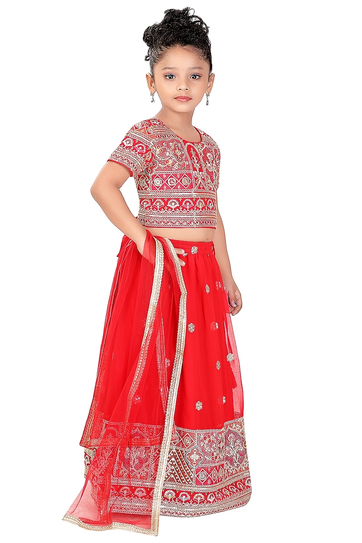 Red Poly Georgette Embroidered Lehenga Set For Girls by Pragya exclusive at Pernia's Pop Up Shop