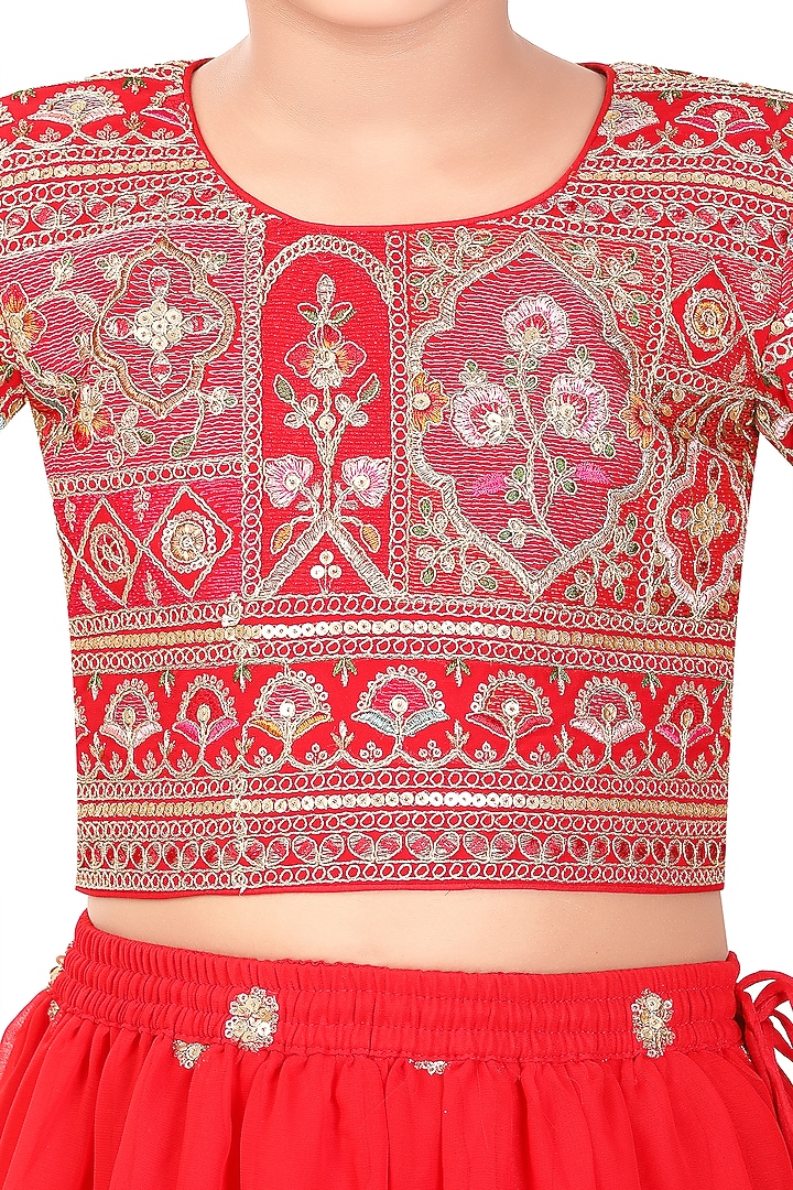 Red Poly Georgette Embroidered Lehenga Set For Girls by Pragya exclusive at Pernia's Pop Up Shop