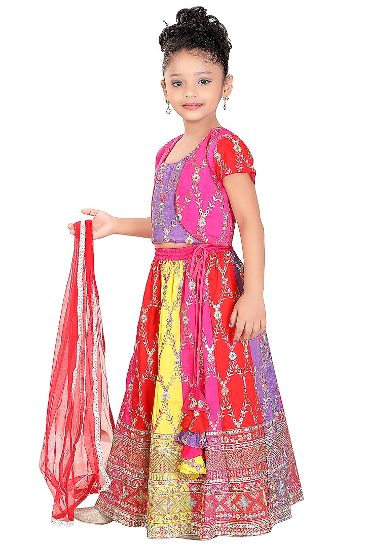Multi-Colored Silk Embroidered Lehenga Set For Girls by Pragya exclusive at Pernia's Pop Up Shop