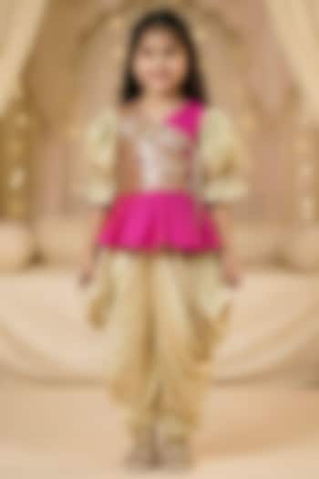 Hot Pink & Gold Raw Silk Dhoti Set For Girls by Pragya exclusive at Pernia's Pop Up Shop