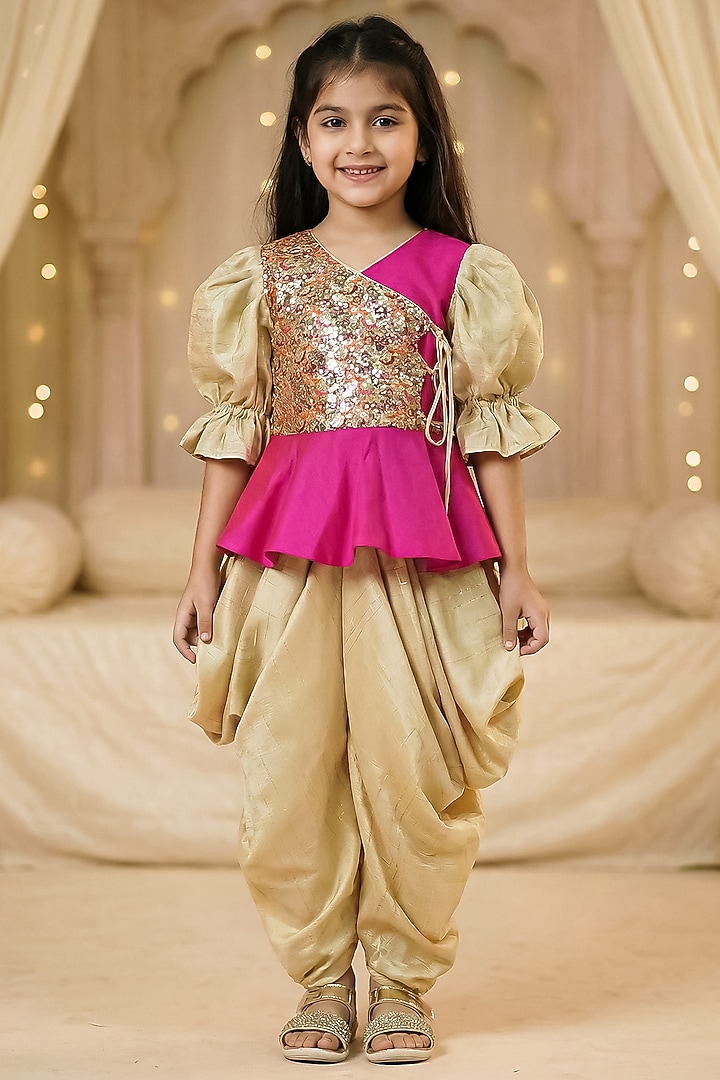 Hot Pink & Gold Raw Silk Dhoti Set For Girls by Pragya exclusive at Pernia's Pop Up Shop