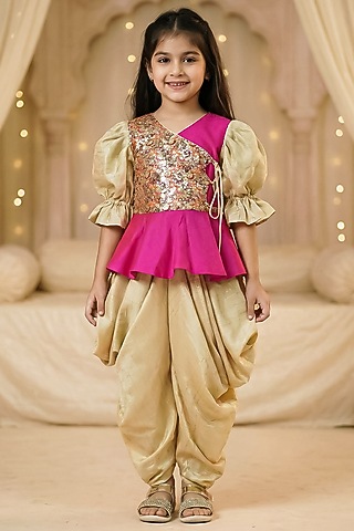 Hot Pink & Gold Raw Silk Dhoti Set For Girls by Pragya exclusive