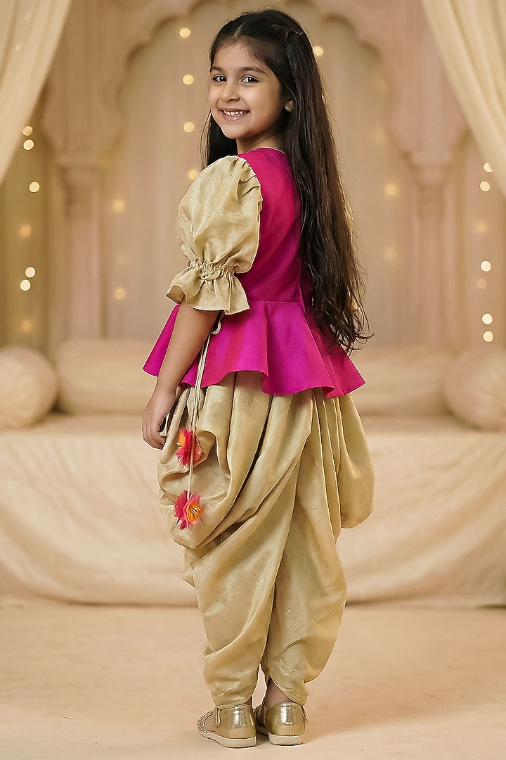 Hot Pink & Gold Raw Silk Dhoti Set For Girls by Pragya exclusive at Pernia's Pop Up Shop