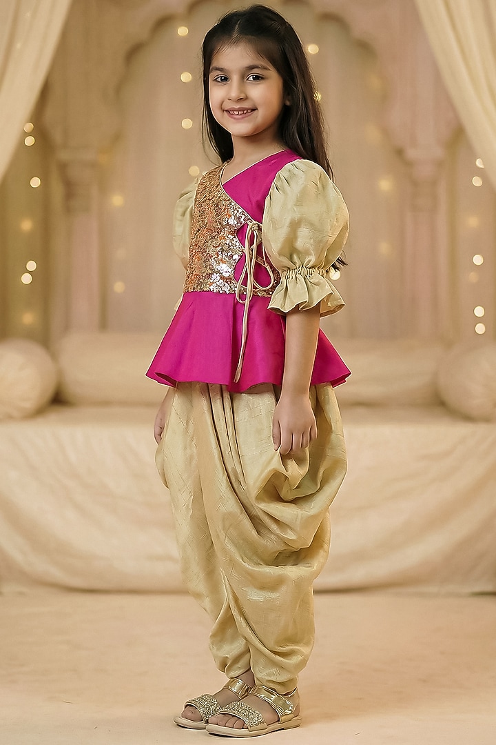 Hot Pink & Gold Raw Silk Dhoti Set For Girls by Pragya exclusive at Pernia's Pop Up Shop