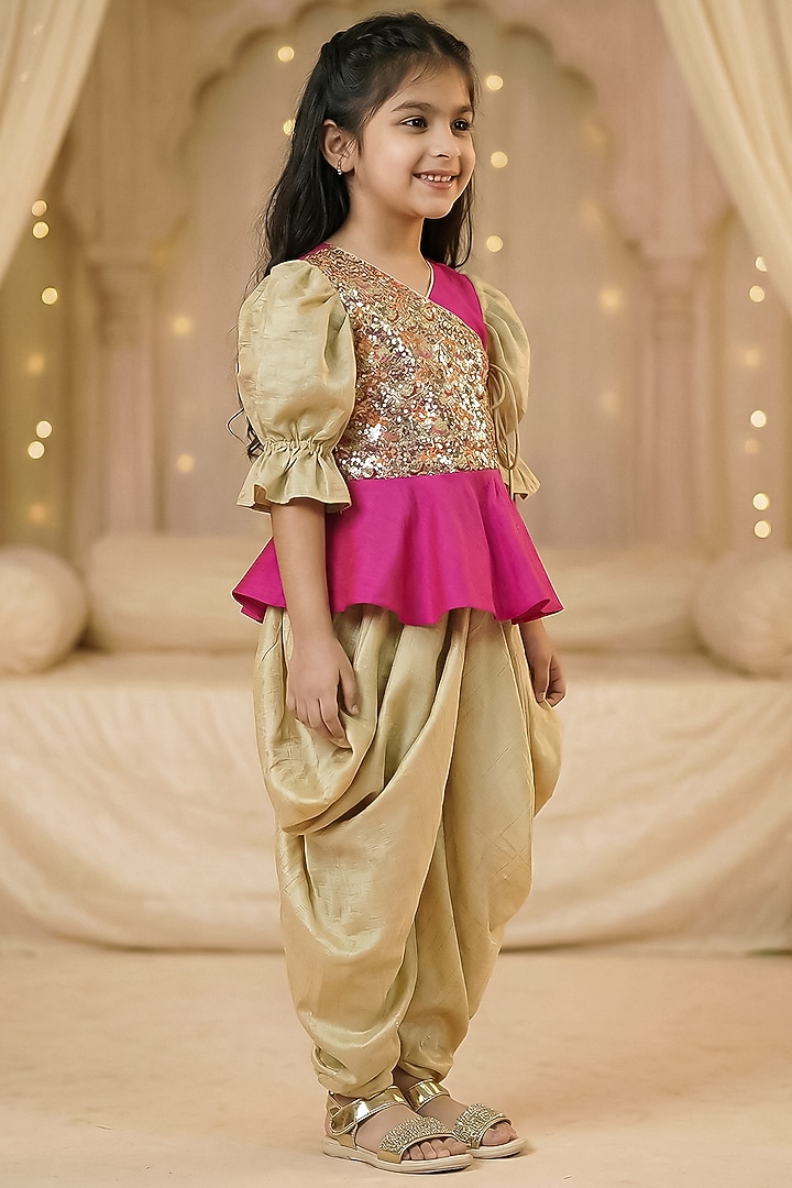 Hot Pink & Gold Raw Silk Dhoti Set For Girls by Pragya exclusive at Pernia's Pop Up Shop
