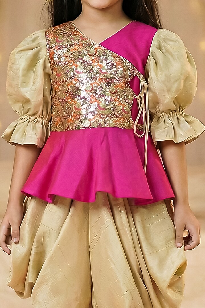 Hot Pink & Gold Raw Silk Dhoti Set For Girls by Pragya exclusive at Pernia's Pop Up Shop