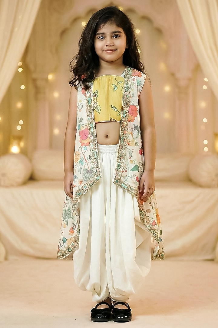Off-White Modal Satin Embroidered Dhoti Set For Girls by Pragya exclusive at Pernia's Pop Up Shop