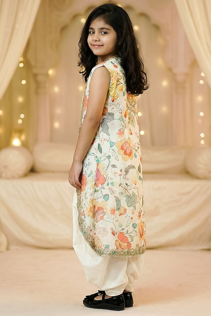 Off-White Modal Satin Embroidered Dhoti Set For Girls by Pragya exclusive at Pernia's Pop Up Shop