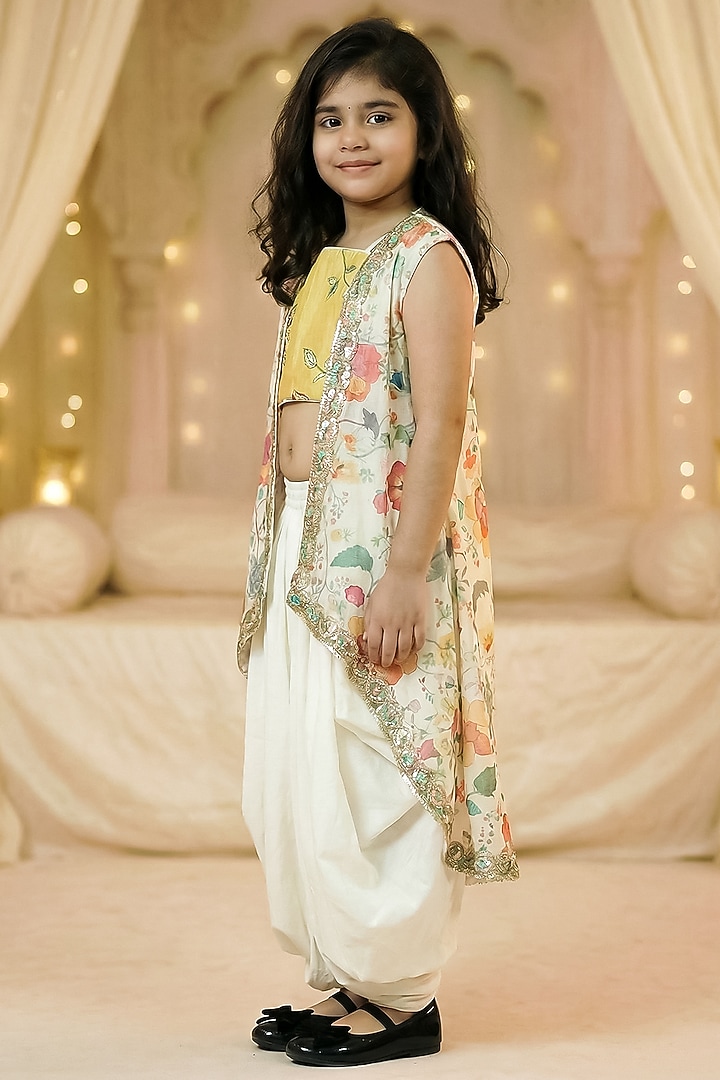 Off-White Modal Satin Embroidered Dhoti Set For Girls by Pragya exclusive at Pernia's Pop Up Shop