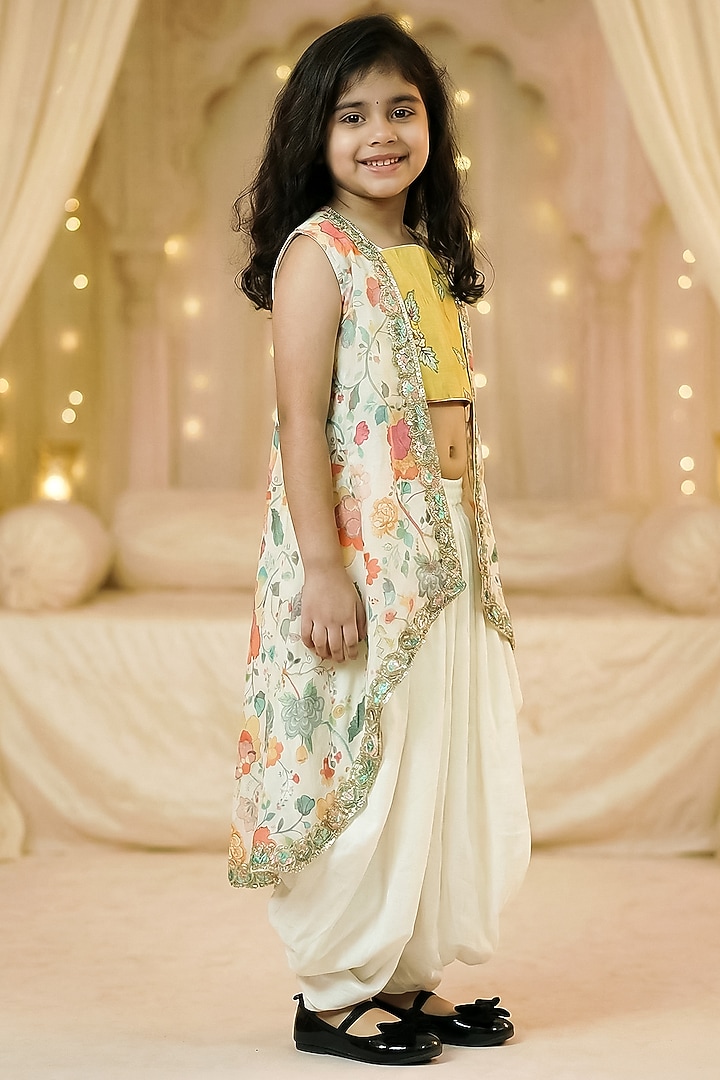 Off-White Modal Satin Embroidered Dhoti Set For Girls by Pragya exclusive at Pernia's Pop Up Shop