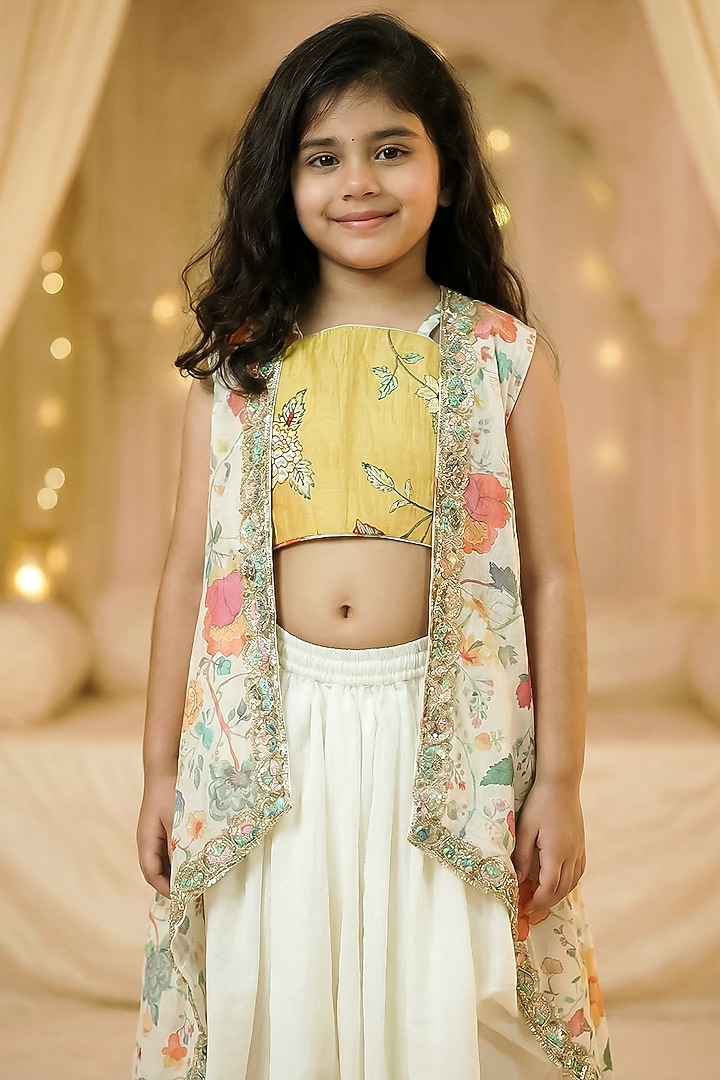Off-White Modal Satin Embroidered Dhoti Set For Girls by Pragya exclusive at Pernia's Pop Up Shop
