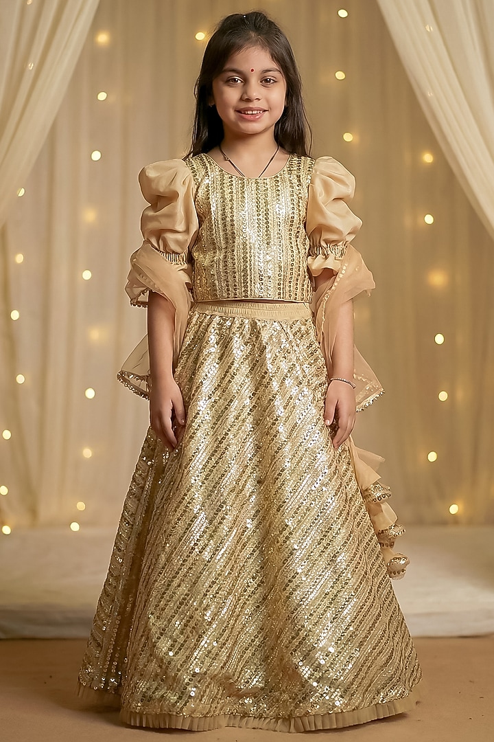 Gold Cotton & Net Sequins Embroidered Lehenga Set For Girls by Pragya exclusive at Pernia's Pop Up Shop