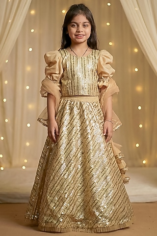 Gold Cotton & Net Sequins Embroidered Lehenga Set For Girls by Pragya exclusive