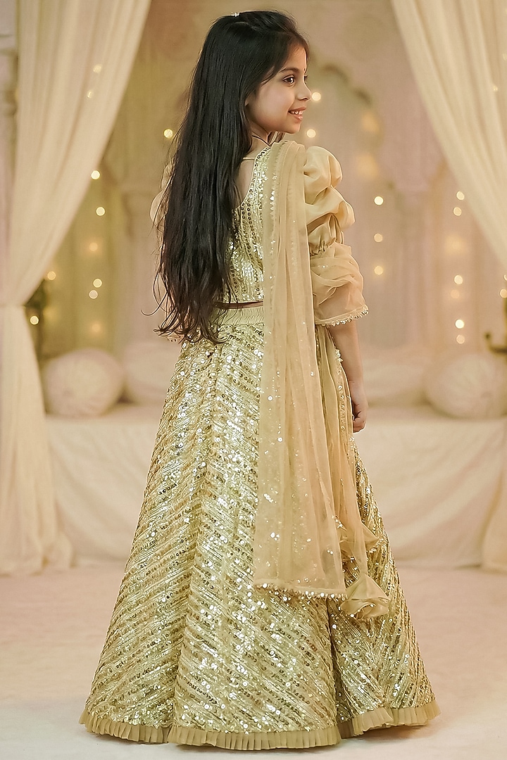 Gold Cotton & Net Sequins Embroidered Lehenga Set For Girls by Pragya exclusive at Pernia's Pop Up Shop