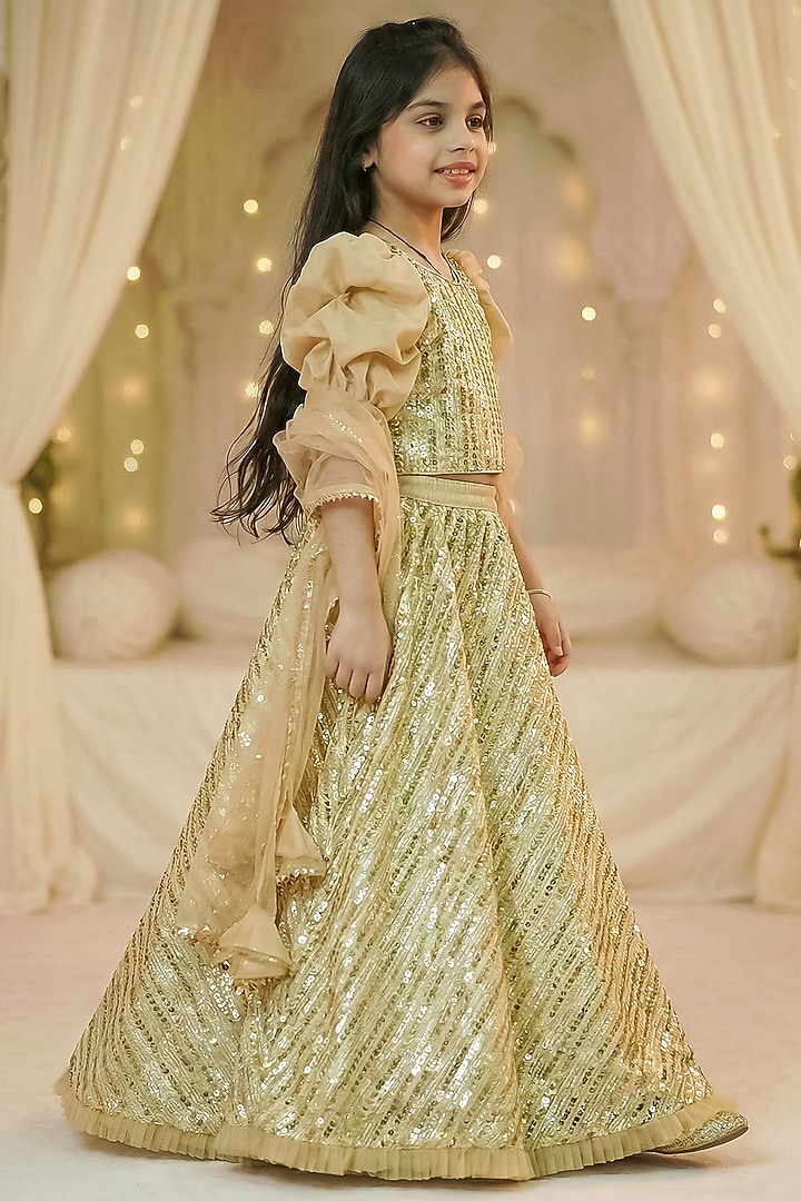Gold Cotton & Net Sequins Embroidered Lehenga Set For Girls by Pragya exclusive at Pernia's Pop Up Shop