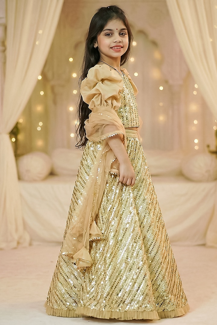 Gold Cotton & Net Sequins Embroidered Lehenga Set For Girls by Pragya exclusive at Pernia's Pop Up Shop