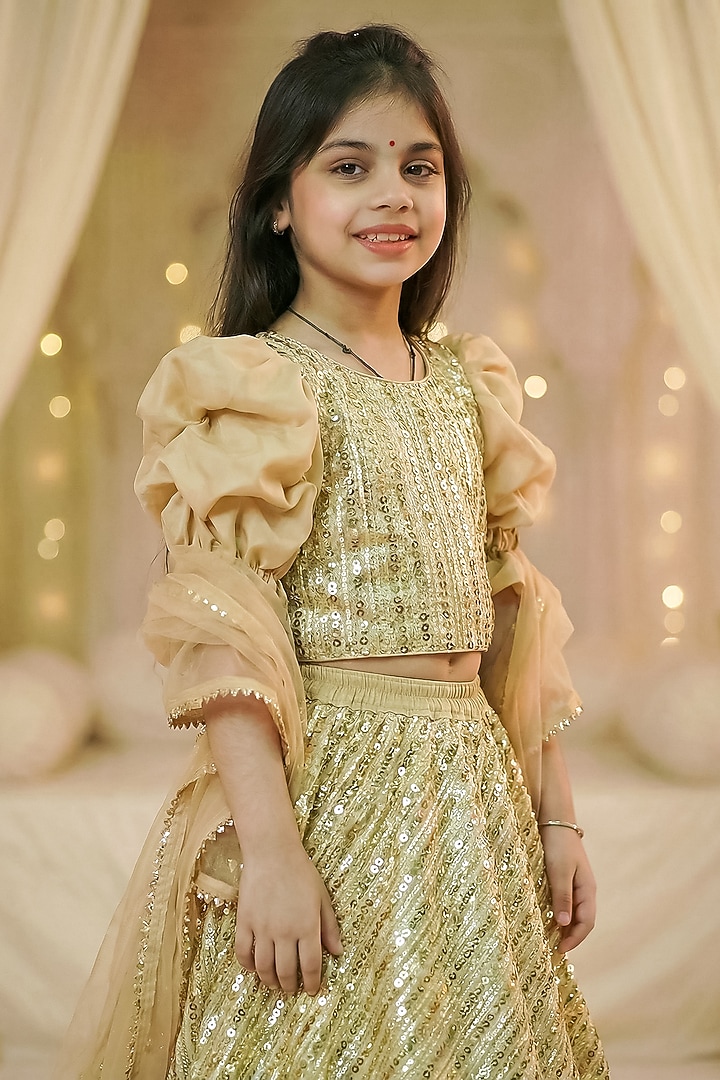 Gold Cotton & Net Sequins Embroidered Lehenga Set For Girls by Pragya exclusive at Pernia's Pop Up Shop