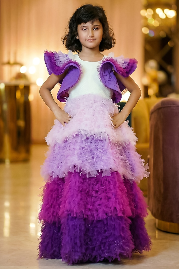 Purple Cotton Shaded Layered Gown For Girls by Pragya exclusive at Pernia's Pop Up Shop