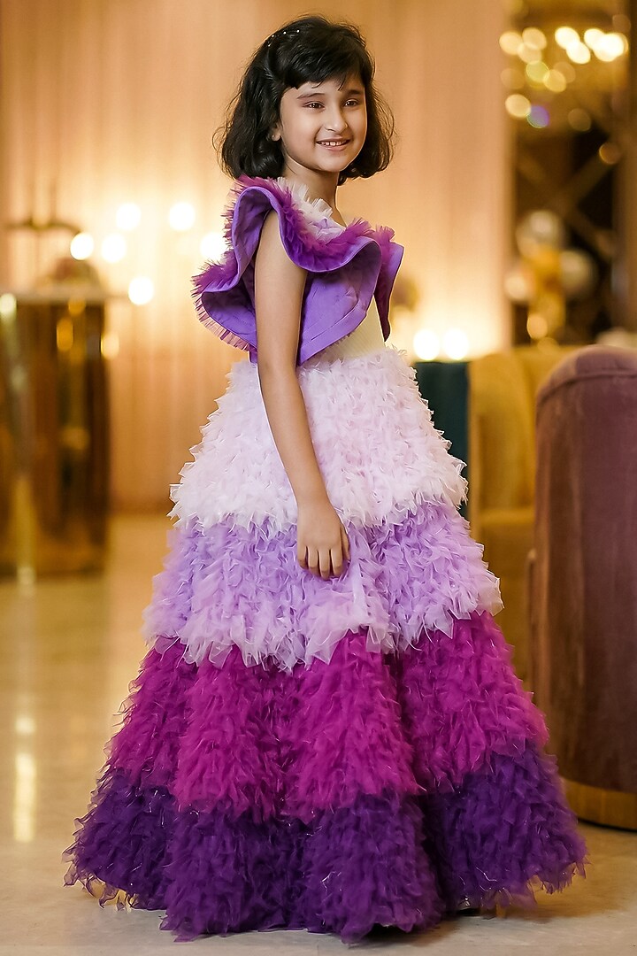 Purple Cotton Shaded Layered Gown For Girls by Pragya exclusive at Pernia's Pop Up Shop