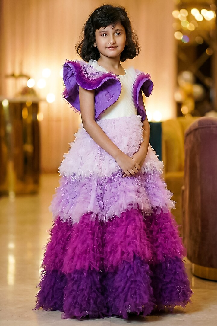 Purple Cotton Shaded Layered Gown For Girls by Pragya exclusive at Pernia's Pop Up Shop