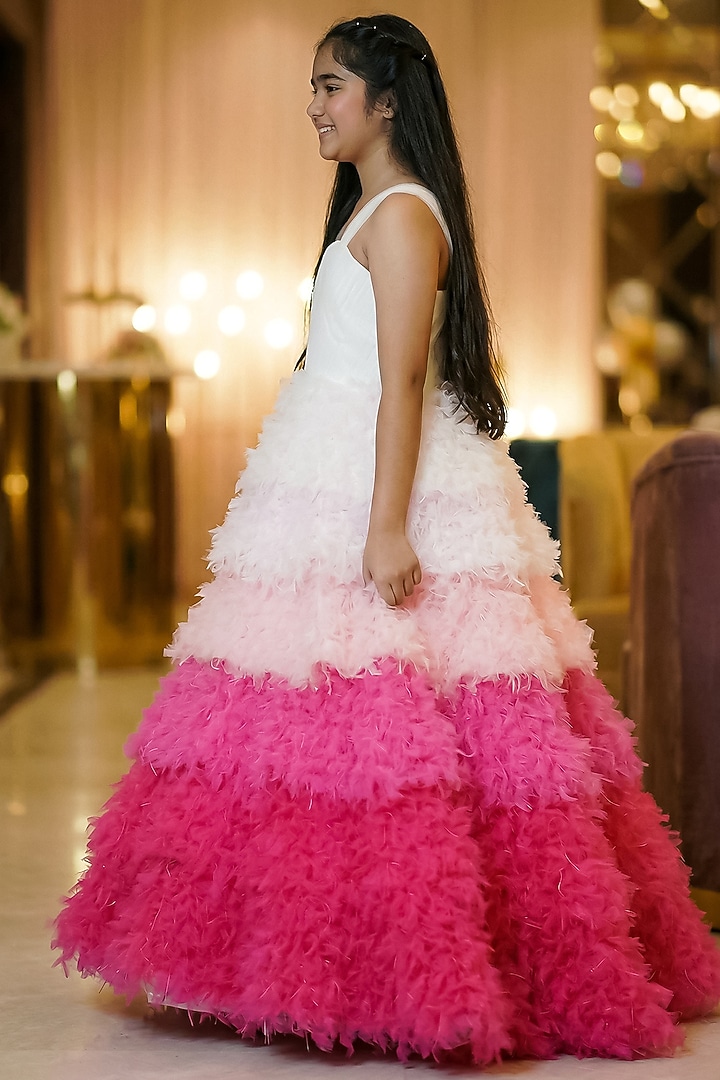 Candy Pink Cotton Shaded Layered Gown For Girls by Pragya exclusive at Pernia's Pop Up Shop