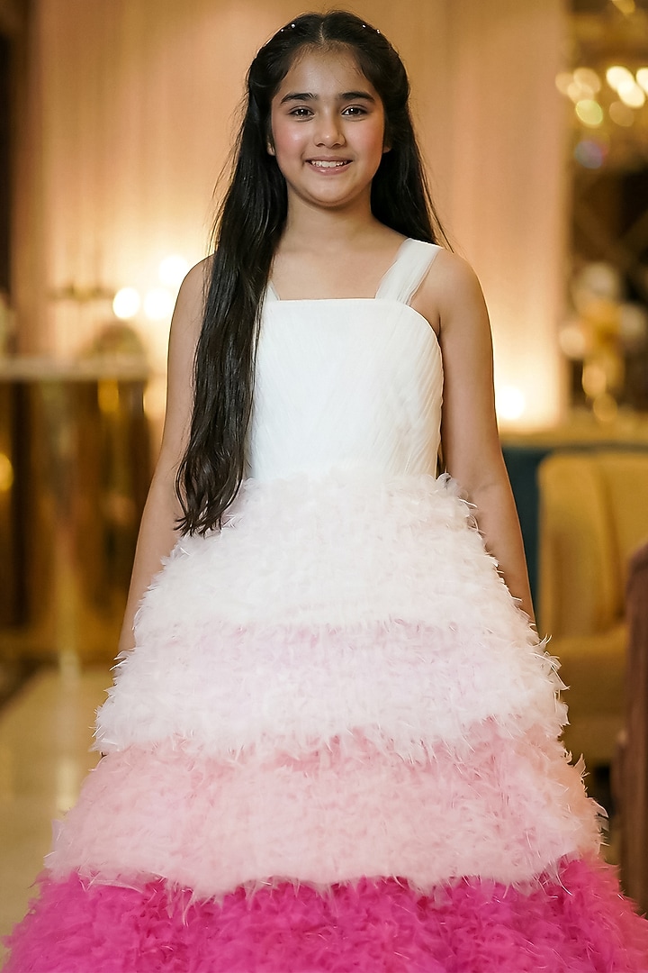 Candy Pink Cotton Shaded Layered Gown For Girls by Pragya exclusive at Pernia's Pop Up Shop