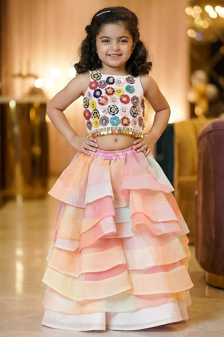 Multi-Colored Tissue Layered Skirt Set For Girls by Pragya exclusive at Pernia's Pop Up Shop