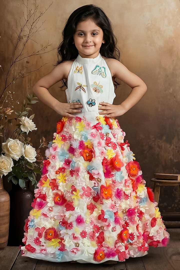 Multi-Colored Raw Silk Floral Gown For Girls by Pragya exclusive at Pernia's Pop Up Shop