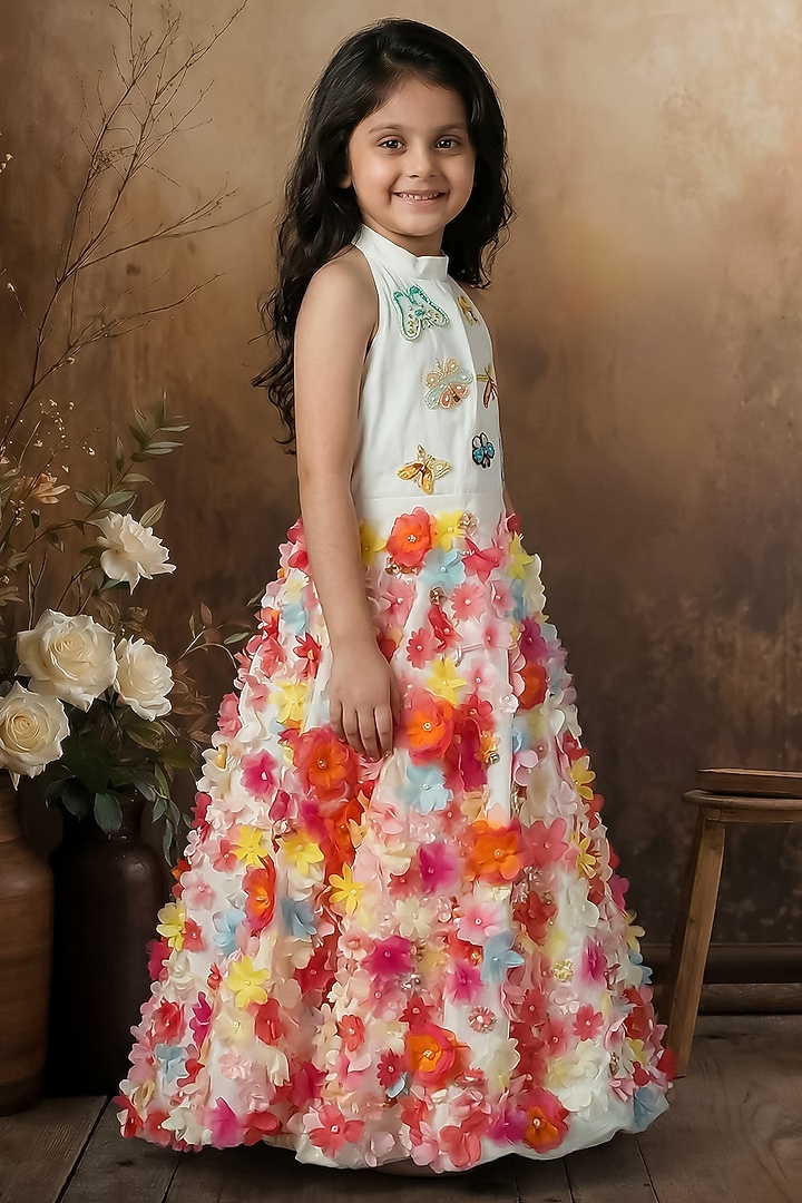 Multi-Colored Raw Silk Floral Gown For Girls by Pragya exclusive at Pernia's Pop Up Shop