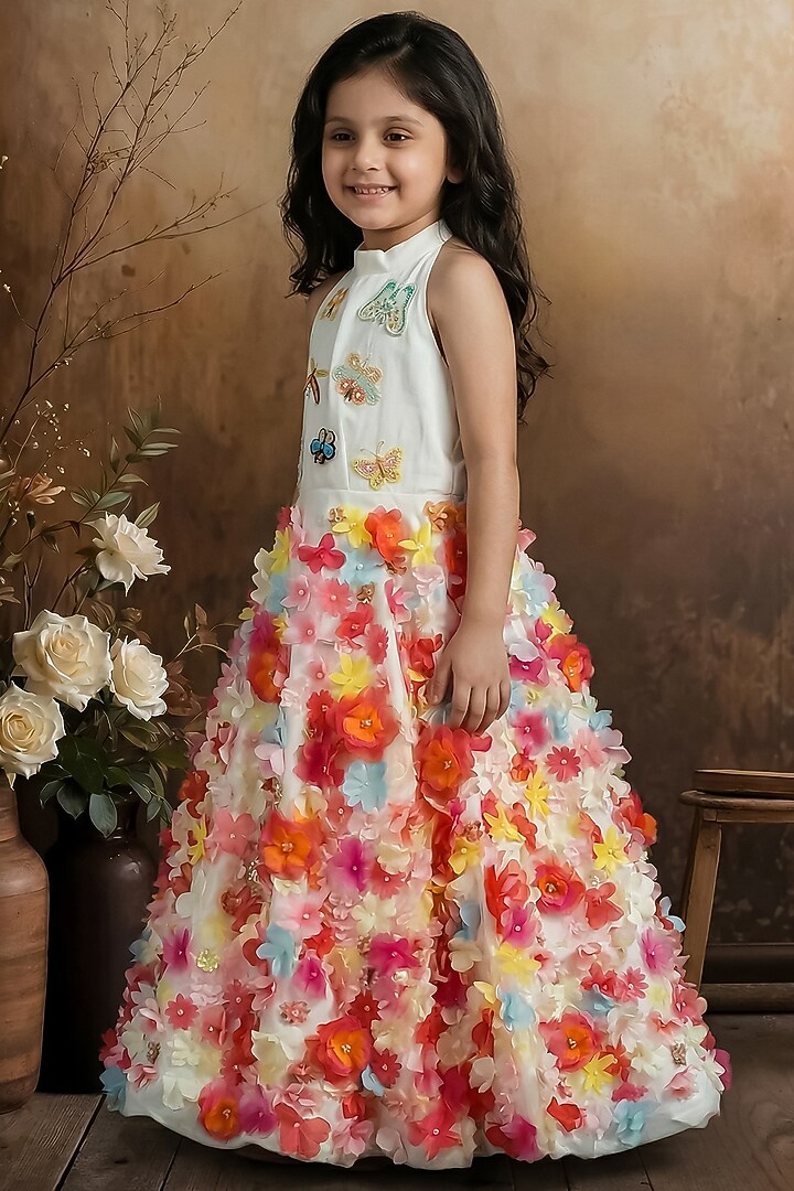 Multi-Colored Raw Silk Floral Gown For Girls by Pragya exclusive at Pernia's Pop Up Shop