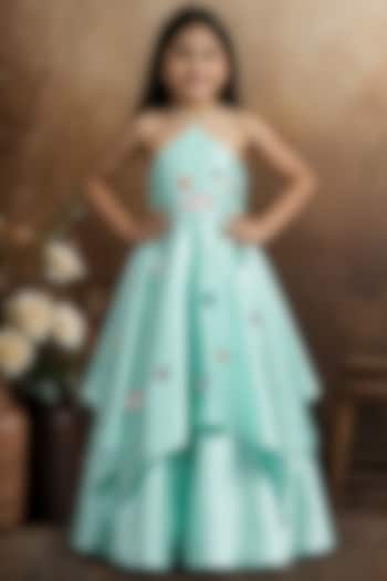 Aqua Blue Satin Handkerchief Gown For Girls by Pragya exclusive at Pernia's Pop Up Shop