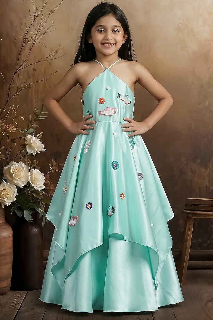Aqua Blue Satin Handkerchief Gown For Girls by Pragya exclusive at Pernia's Pop Up Shop