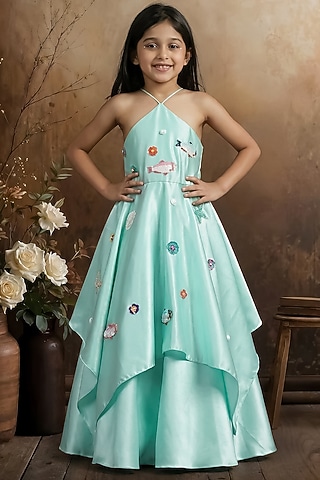 Aqua Blue Satin Handkerchief Gown For Girls by Pragya exclusive