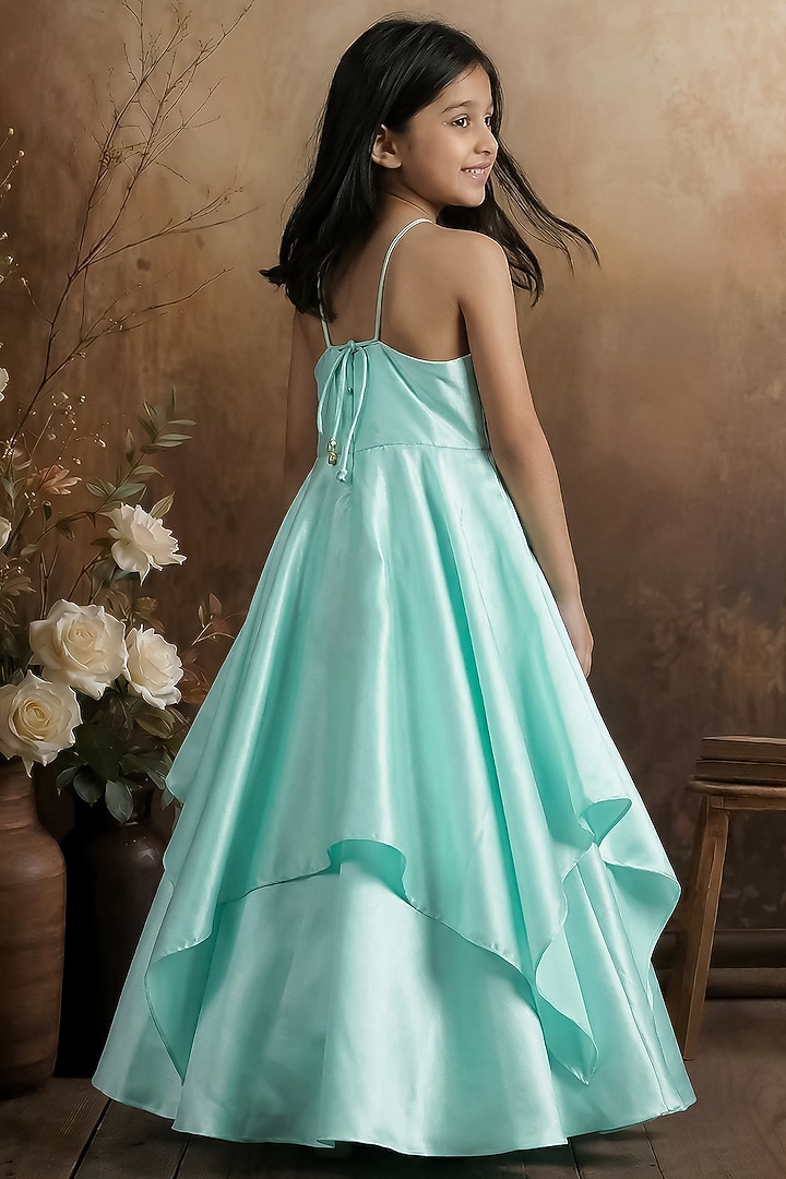 Aqua Blue Satin Handkerchief Gown For Girls by Pragya exclusive at Pernia's Pop Up Shop