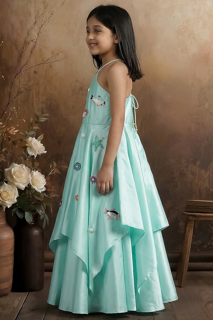 Aqua Blue Satin Handkerchief Gown For Girls by Pragya exclusive at Pernia's Pop Up Shop