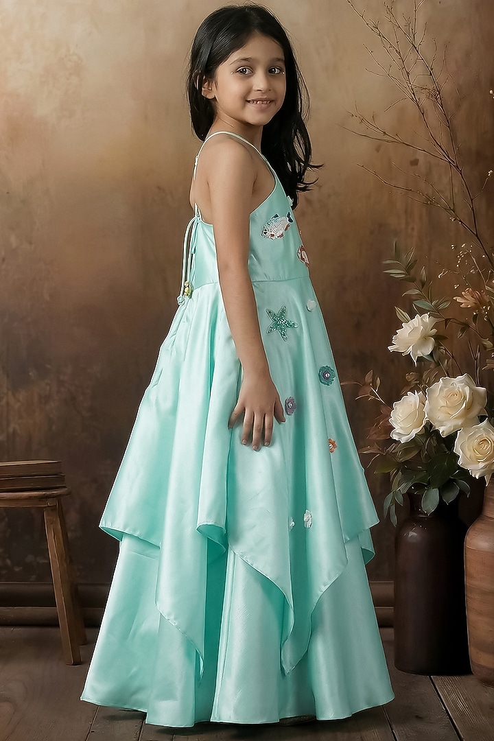 Aqua Blue Satin Handkerchief Gown For Girls by Pragya exclusive at Pernia's Pop Up Shop